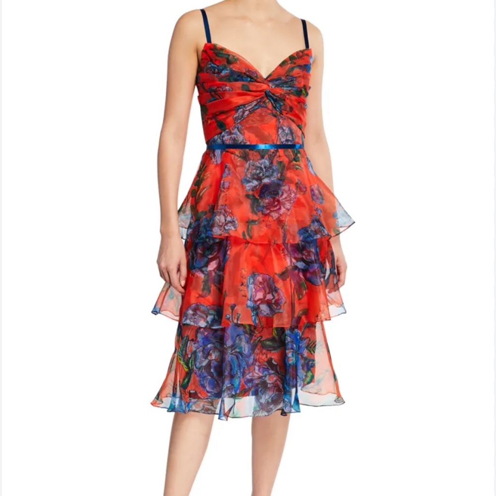 Marchesa Notte floral print tiered organza midi dress
